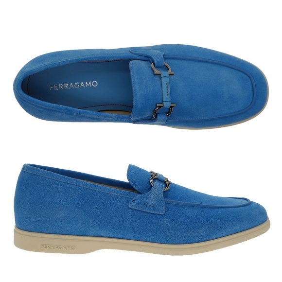 Salvatore Ferragamo Cosimo Gancini Loafers Blue Suede Leather Size 12 New - Picture 1 of 7